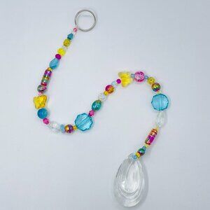 Beaded Suncatcher - Pink Blue Yellow Butterfly Clear Crystal Prism Hanging Decor